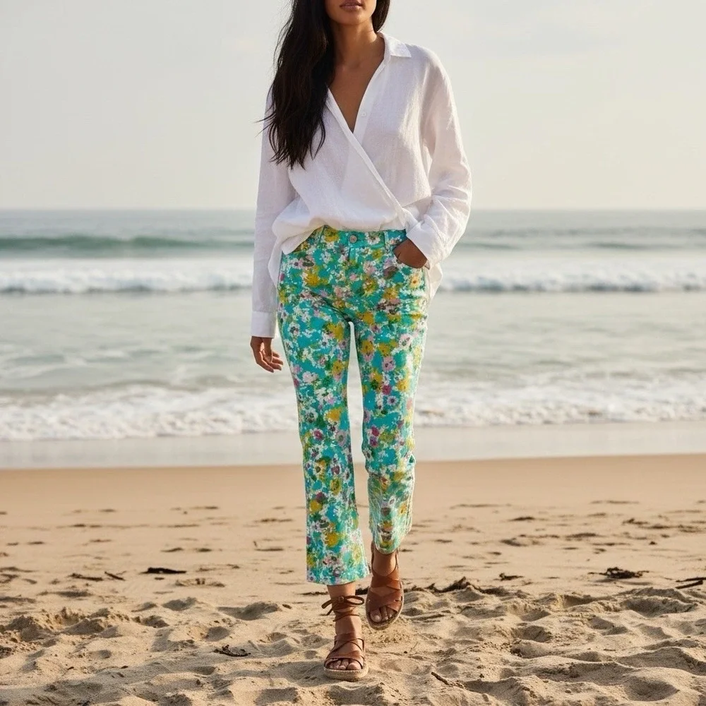 Zara Size 8 Floral Linen Blend Mini Flare‎ Cropped Trouser Pants Spring Beachy